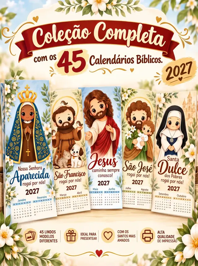 Coleção Calendários de Fé — 45 Calendários Religiosos 2027 para impressão